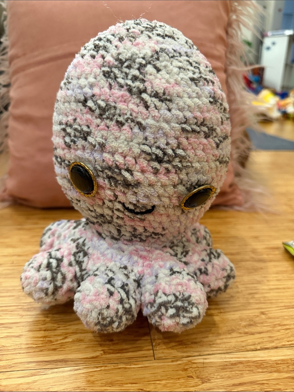 Homemade Crochet Plush Octopus Plushie in Pink, Gray & Cream